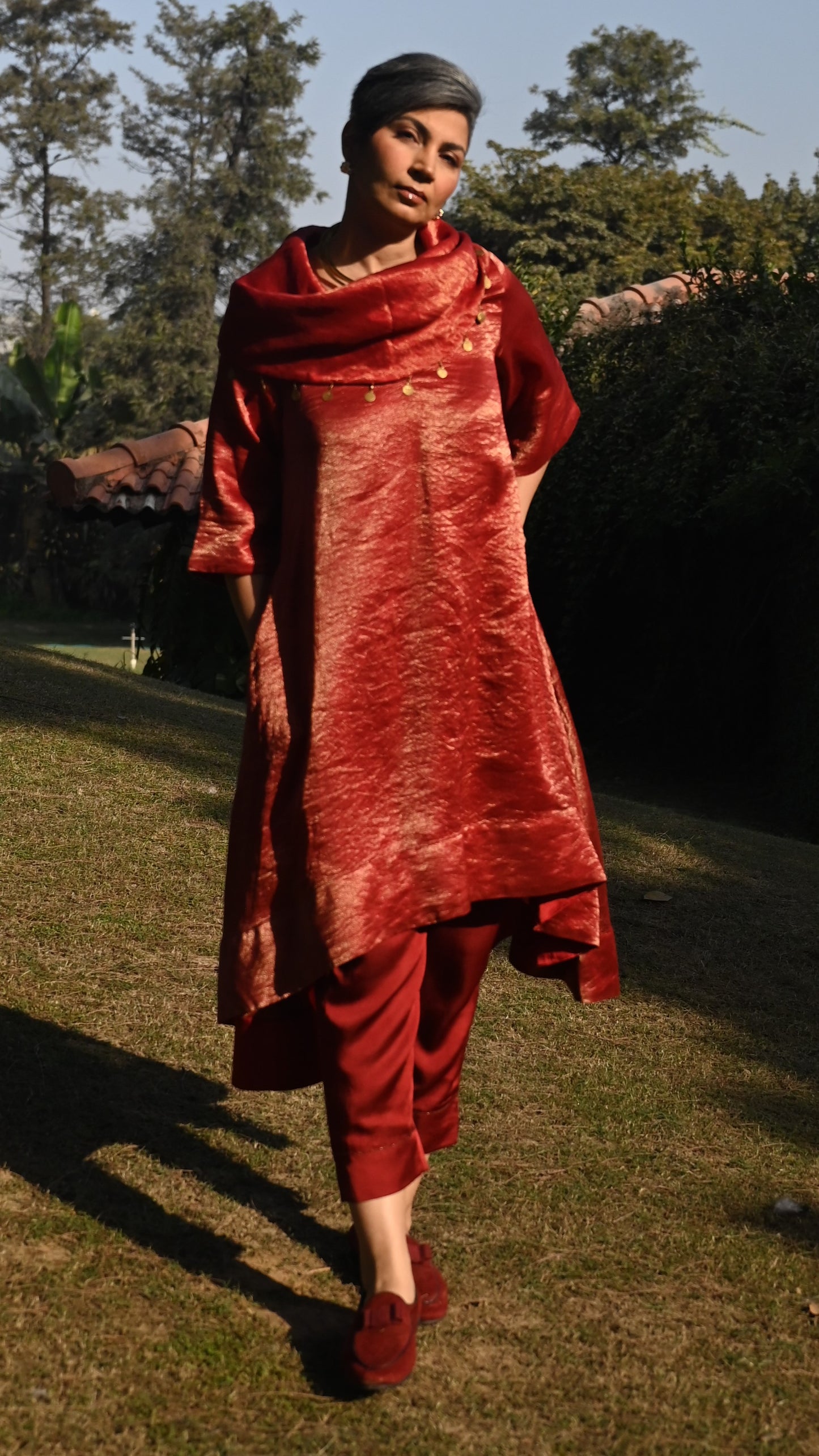 Sati Cowl Kurta in Red Tissue and Chanderi Stripes with Red Pant