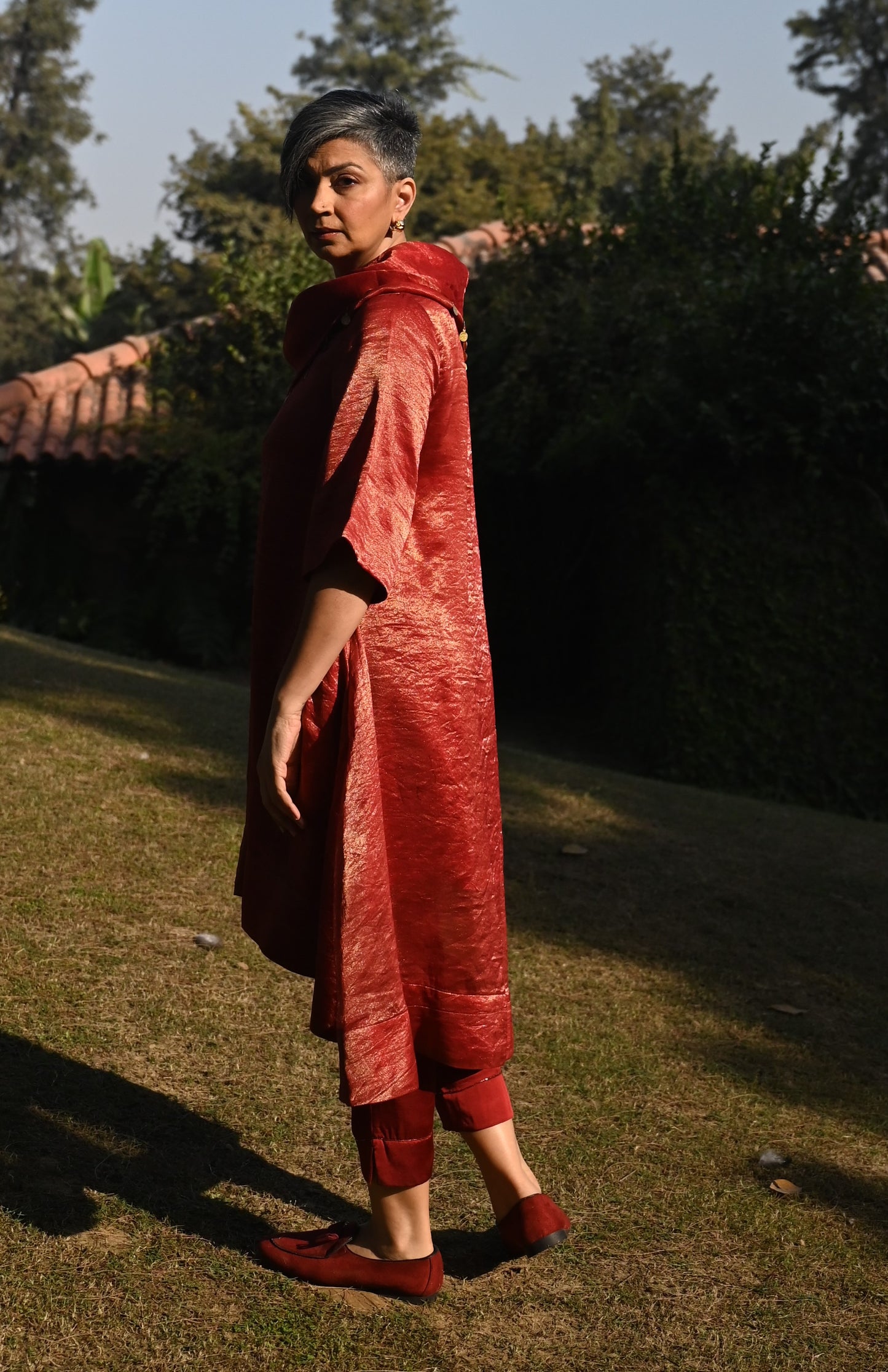 Sati Cowl Kurta in Red Tissue and Chanderi Stripes with Red Pant