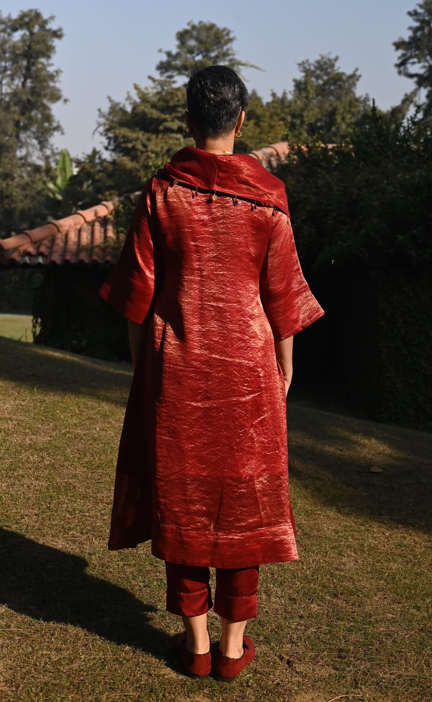 Sati Cowl Kurta in Red Tissue and Chanderi Stripes with Red Pant