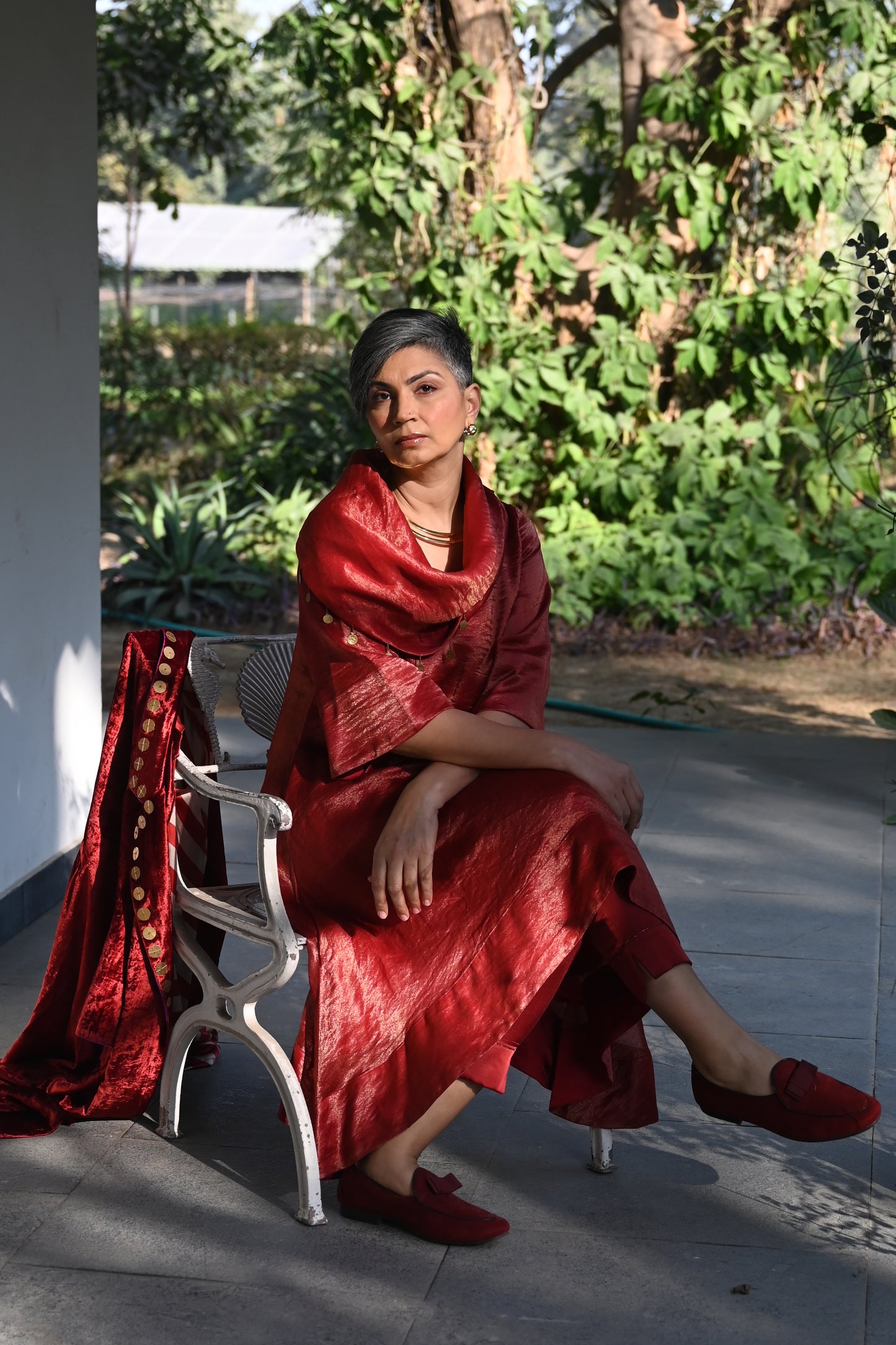 Sati Cowl Kurta in Red Tissue and Chanderi Stripes with Red Pant