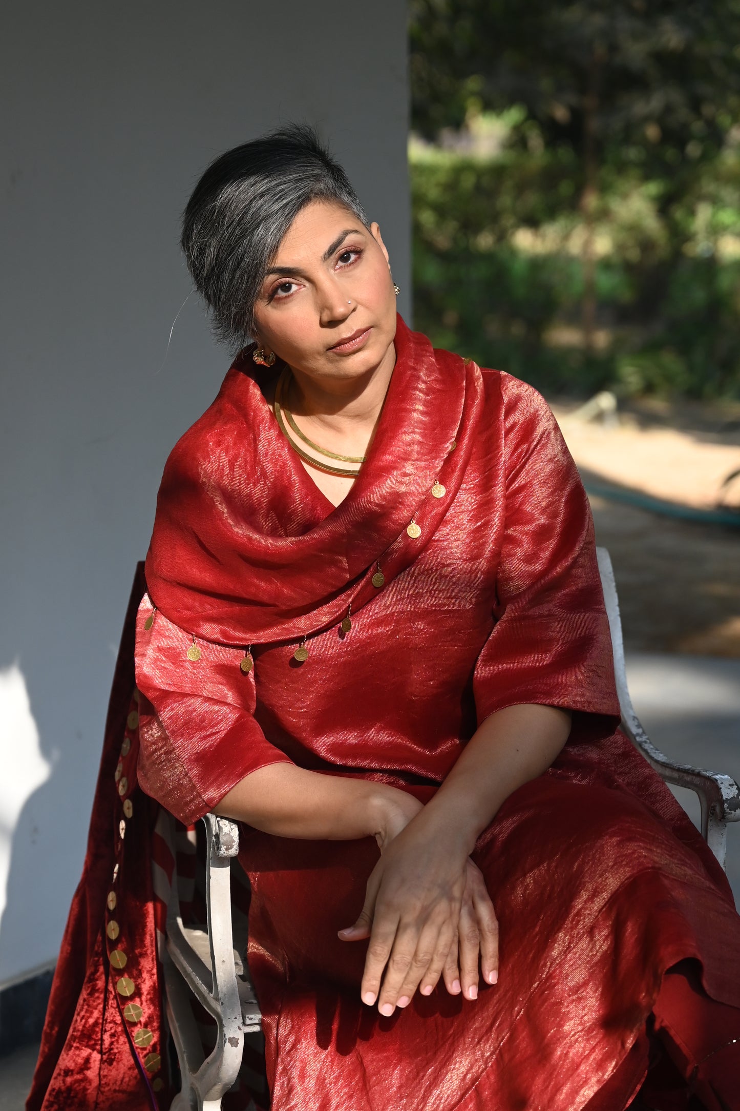 Sati Cowl Kurta in Red Tissue and Chanderi Stripes with Red Pant