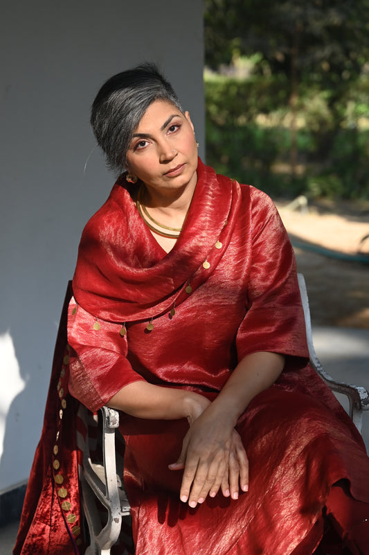 Sati Cowl Kurta in Red Tissue and Chanderi Stripes with Red Pant