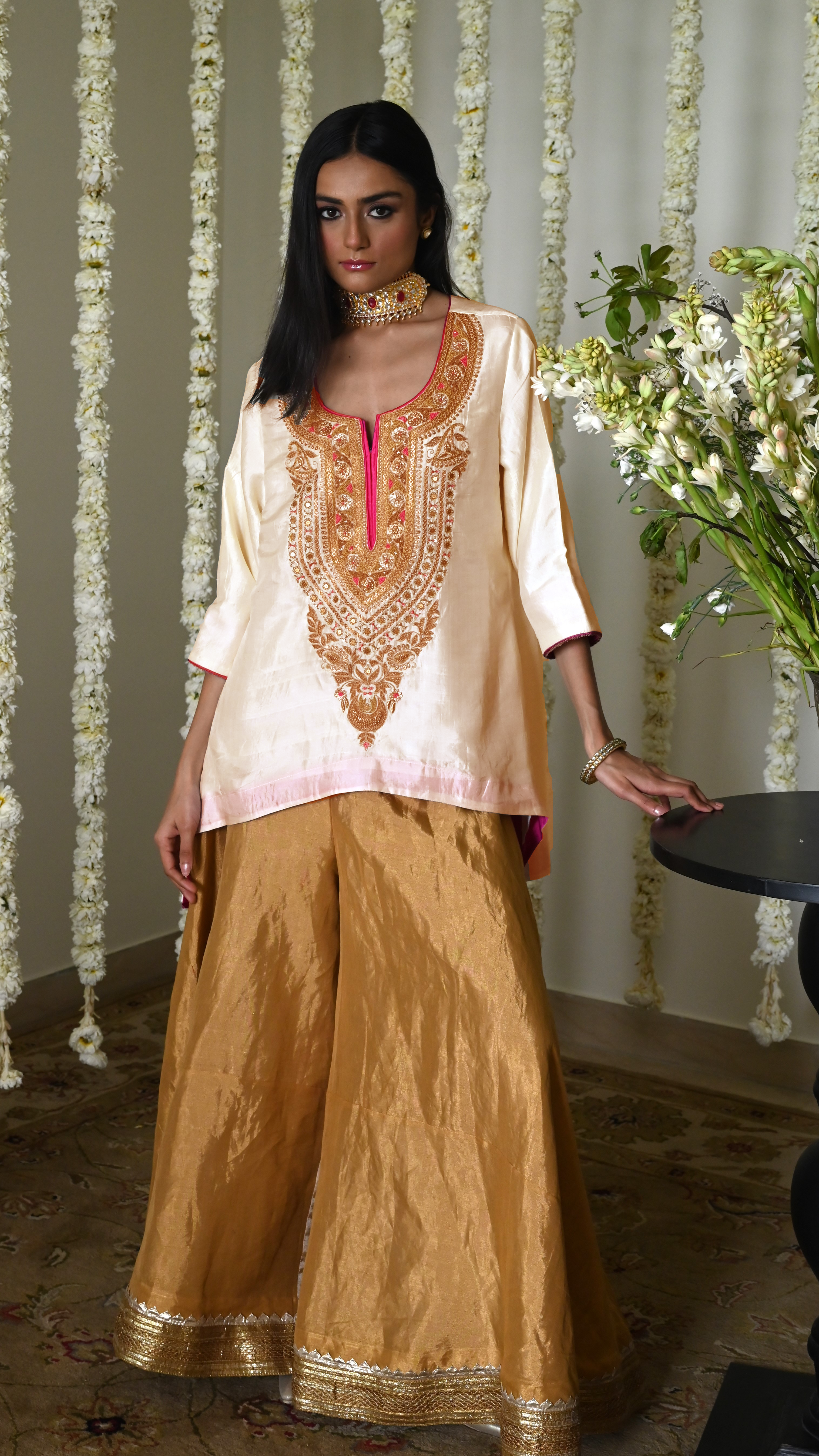 Begum kurta in Deep Ivory Silk with Gold Garara.