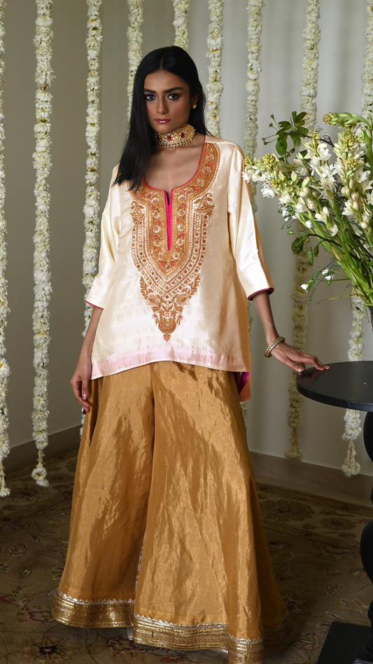 Begum kurta in Deep Ivory Silk with Gold Garara.