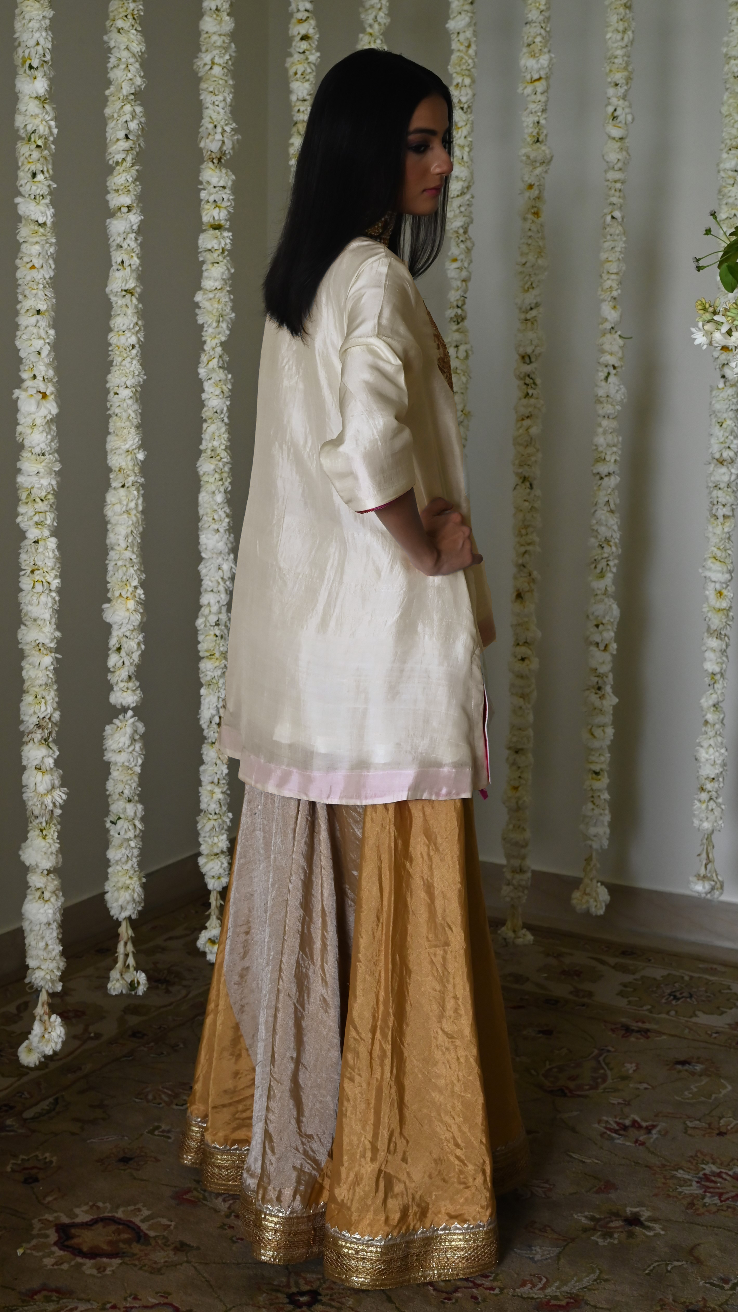Begum kurta in Deep Ivory Silk with Gold Garara.