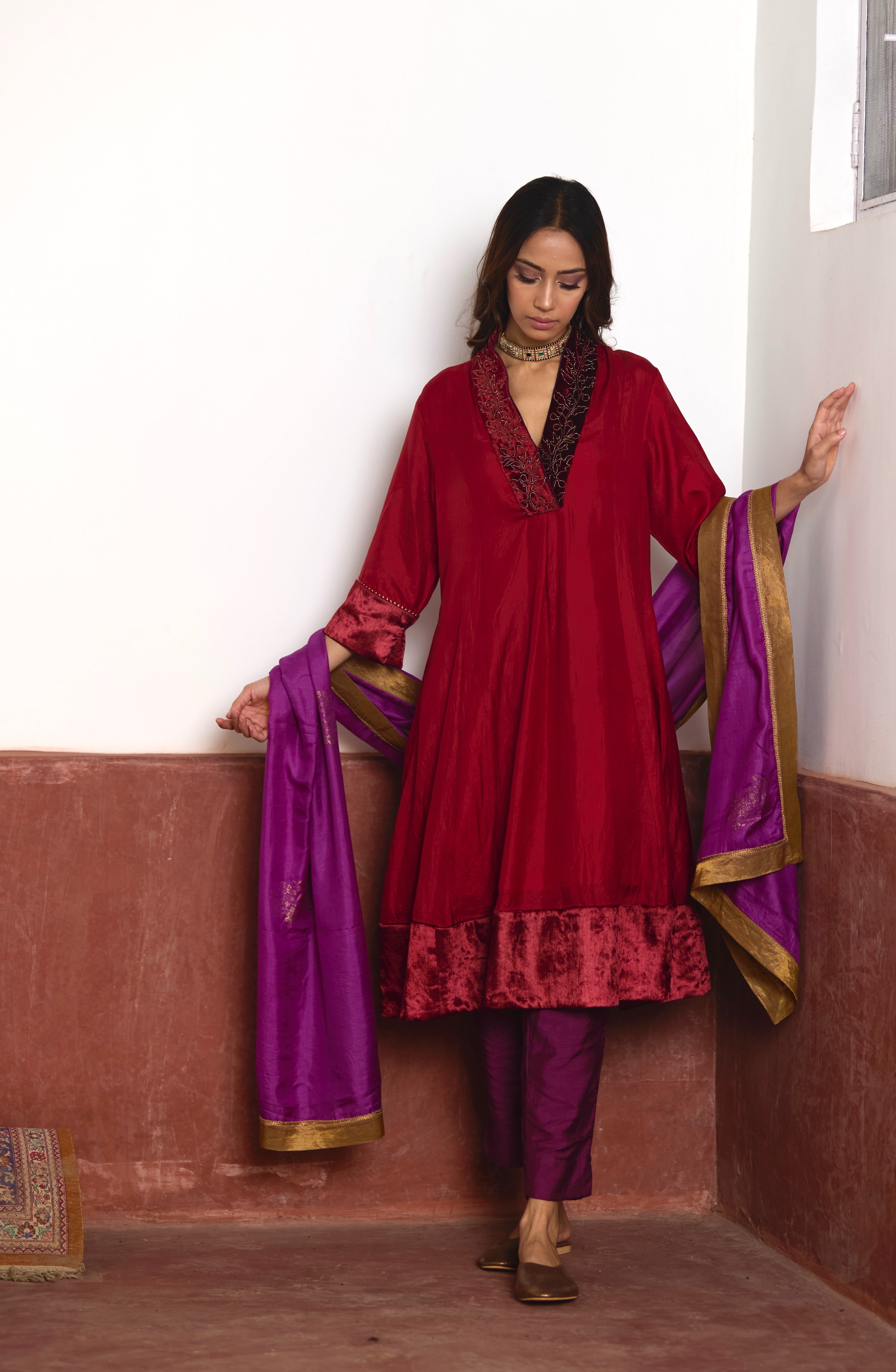 Sashiko Kurta in Red Silk with Purple Pant