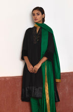 Sashiko Kurta in Black Silk with Green Pant