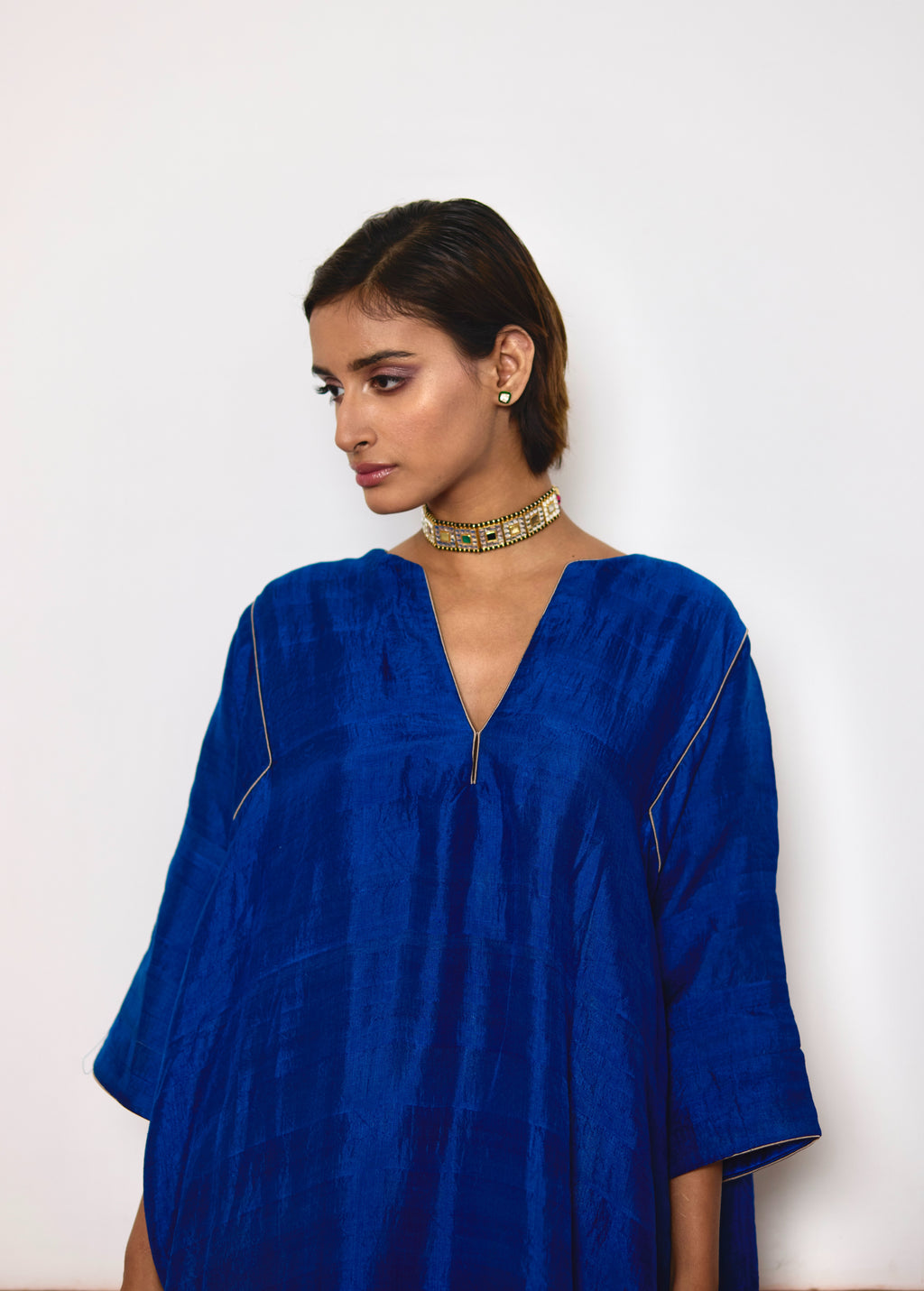 Jhabla Kurta in Blue Silk with Silver Tissue Pant