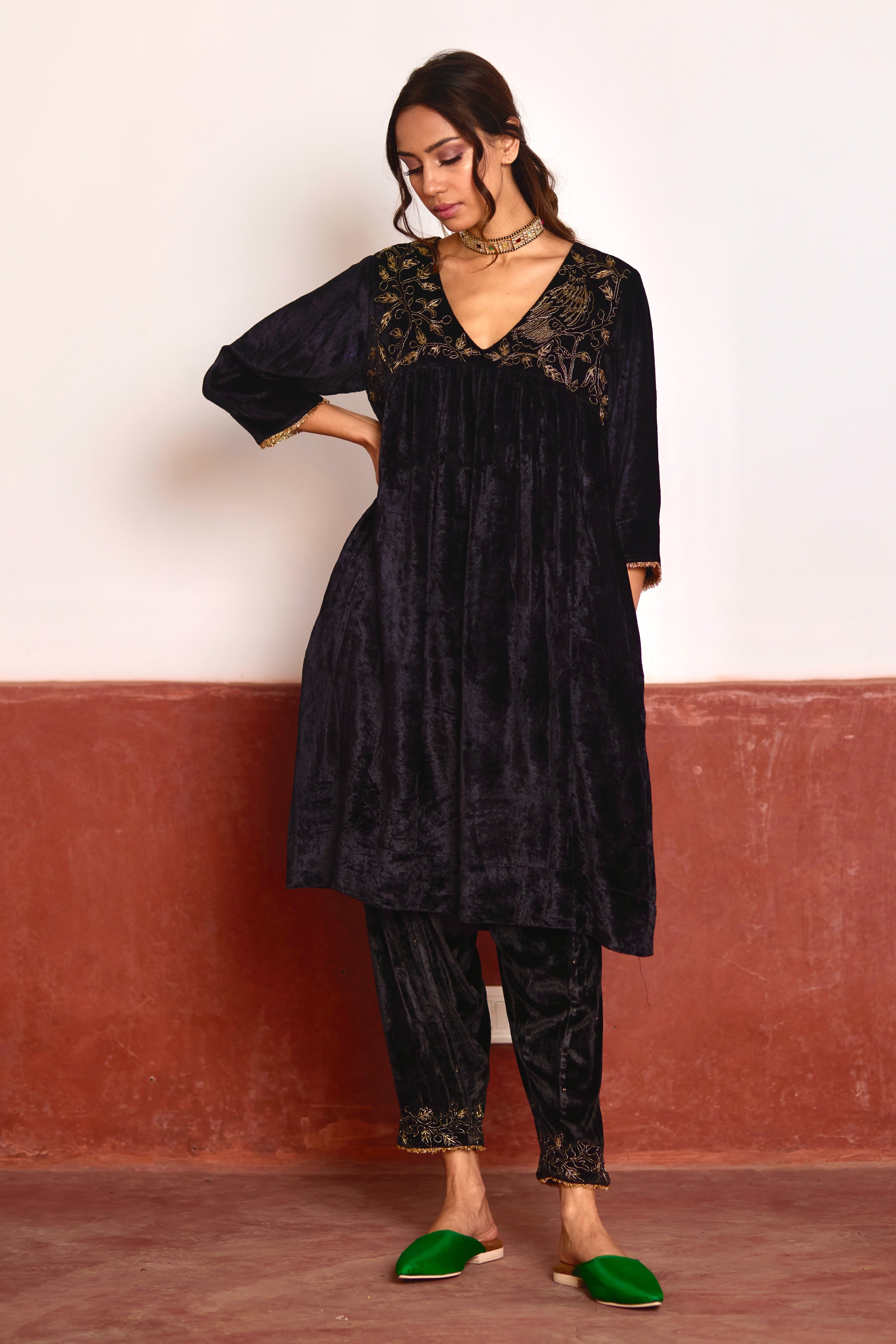 Empireline Kurta in Black Velvet with Black Salwar