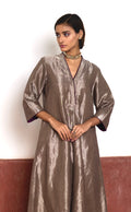 Long Sashiko Kurta in Silver Tissue with Silver Pant