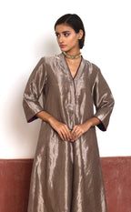 Long Sashiko Kurta in Silver Tissue with Silver Pant