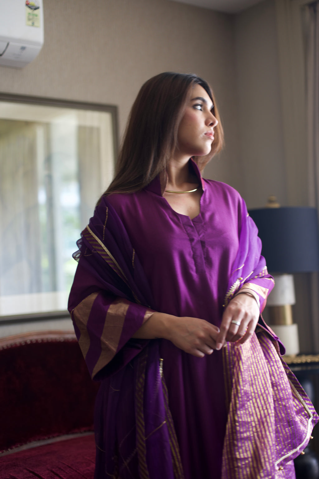 Nandini Oonch Neech in Purple Chanderi with Purple Chanderi Flared Pant