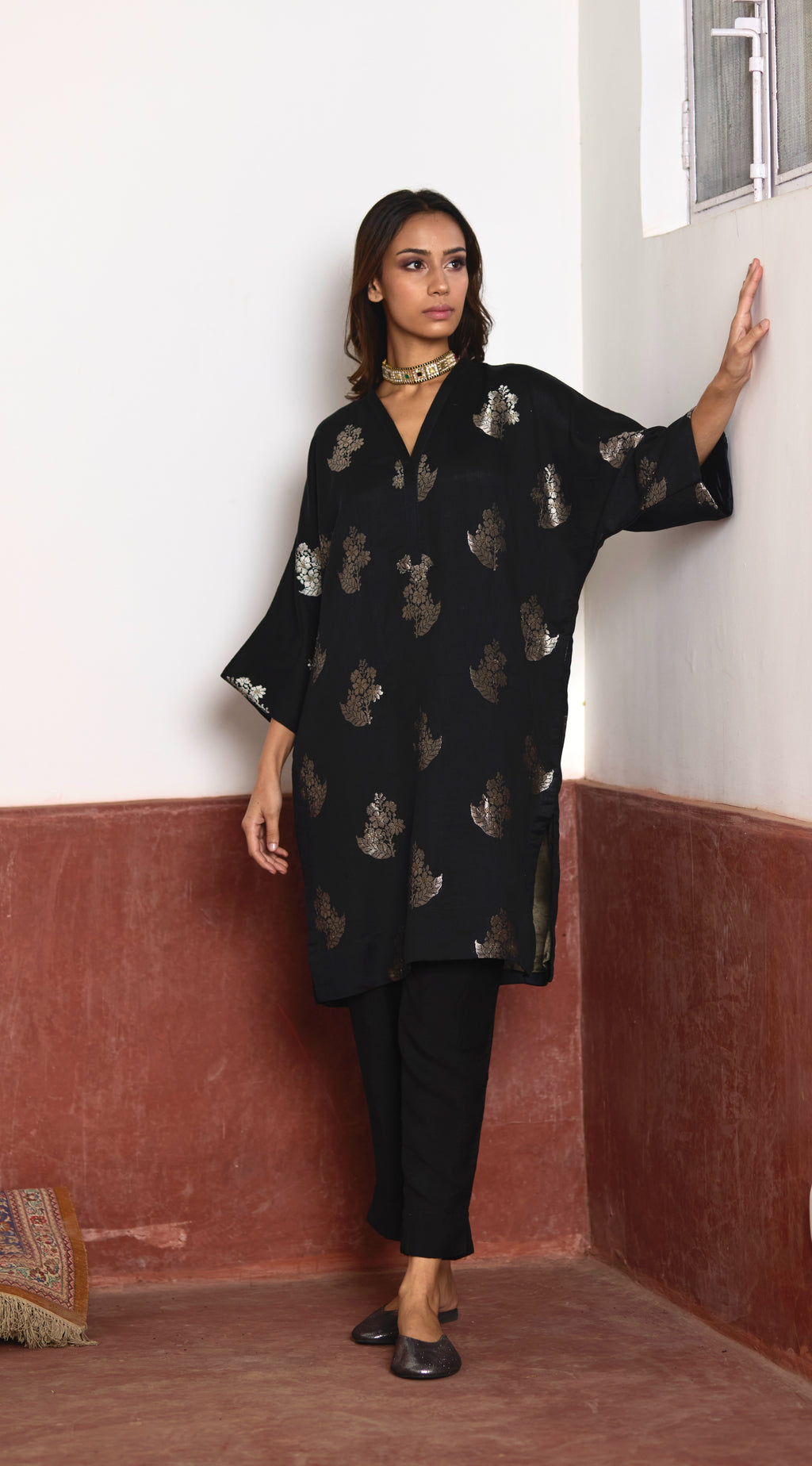 Shahi Kaftan in Black Brocade with Black Pant