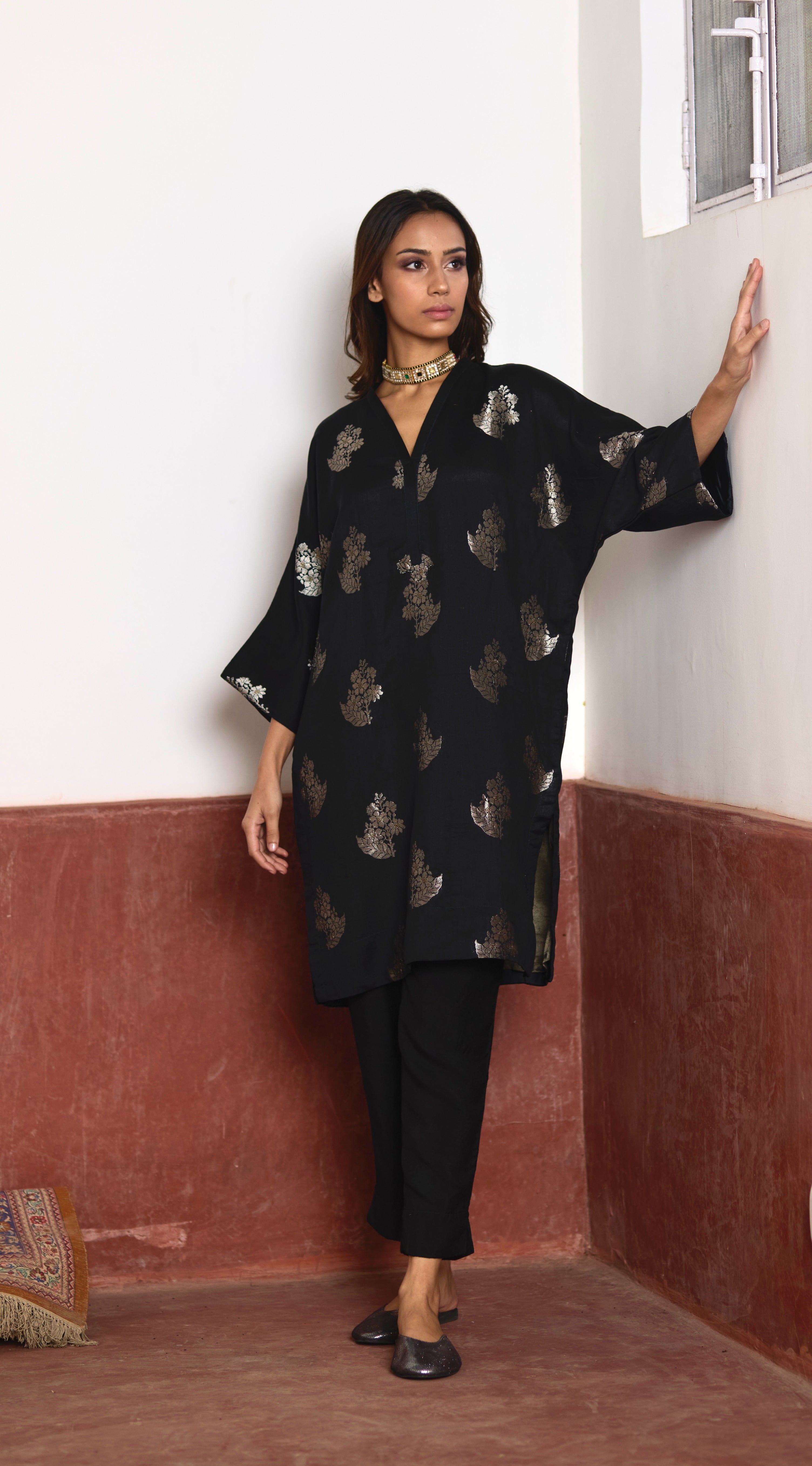 Shahi Kaftan in Black Brocade with Black Pant