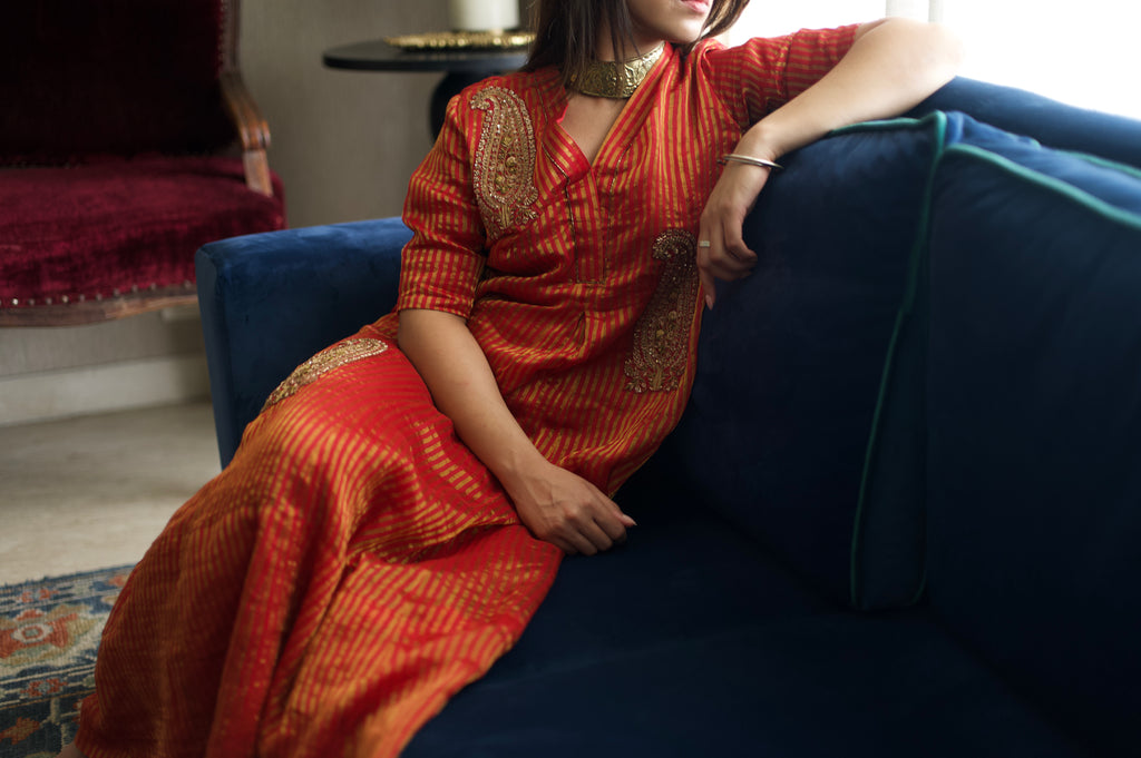 Sashiko Anarkali Dress in Red Sameena Tissue stripe