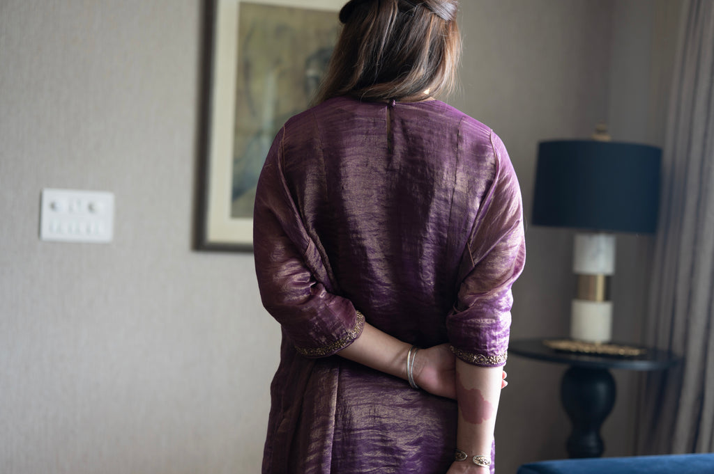 Locket Choga in Purple Pin Stripe with Pant in Purple Silk