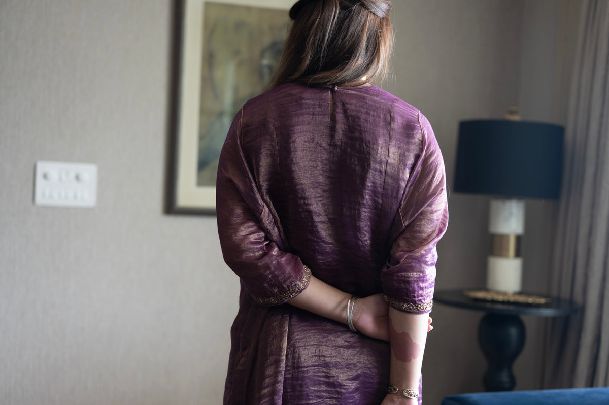 Locket Choga in Purple Pin Stripe with Pant in Purple Silk