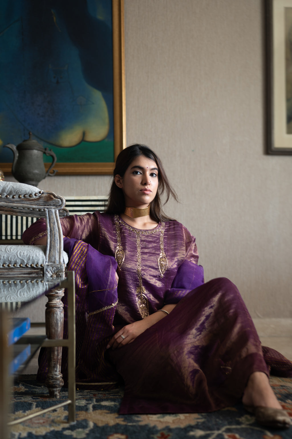 Locket Choga in Purple Pin Stripe with Pant in Purple Silk