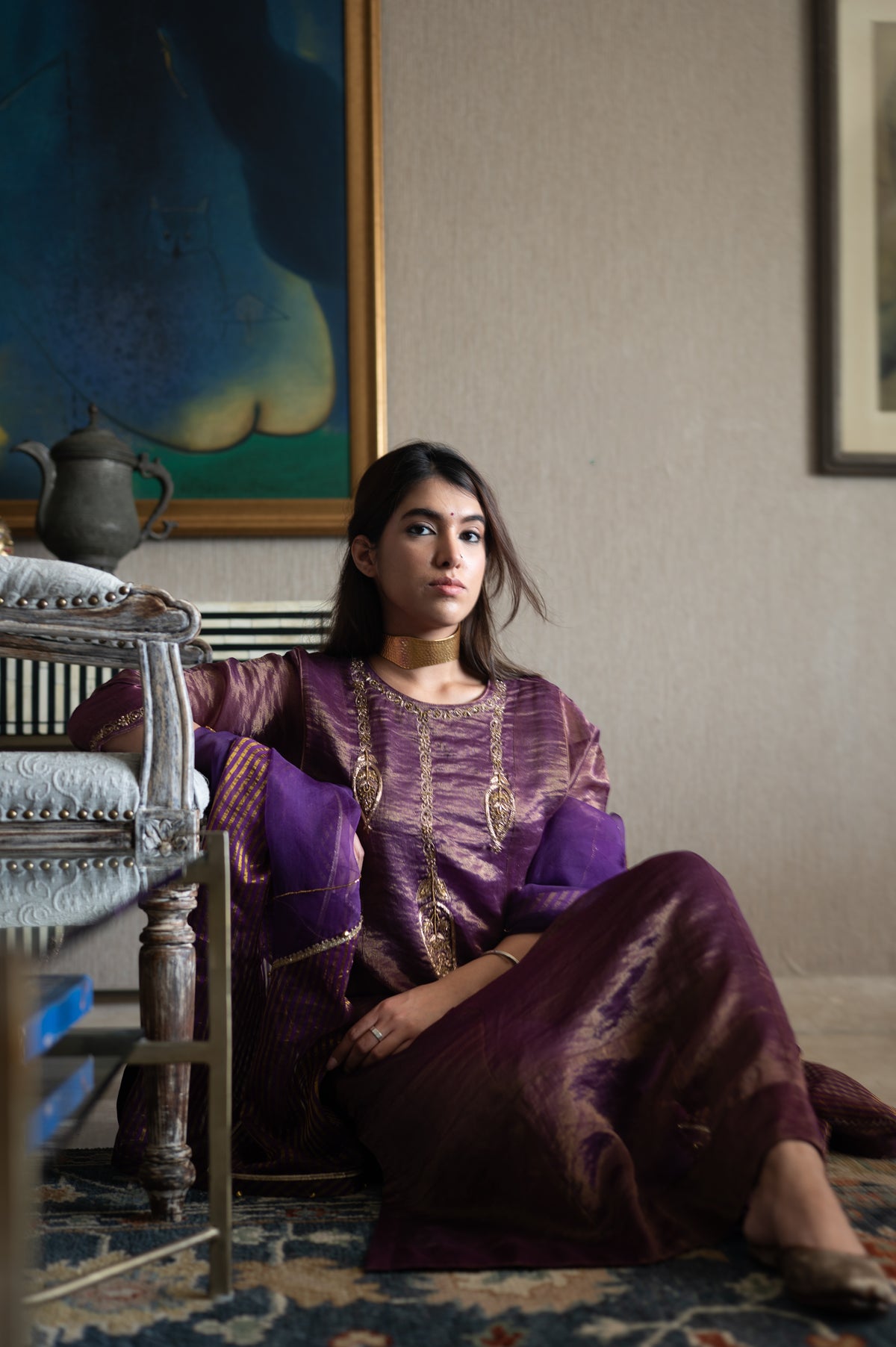 Locket Choga in Purple Pin Stripe with Pant in Purple Silk