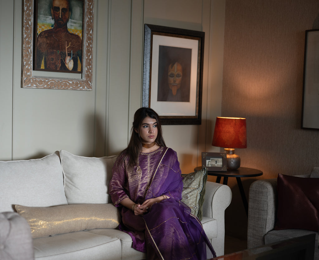 Locket Choga in Purple Pin Stripe with Pant in Purple Silk