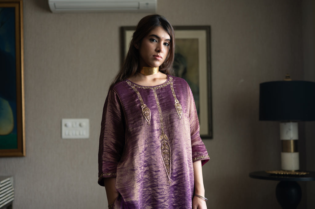 Locket Choga in Purple Pin Stripe with Pant in Purple Silk