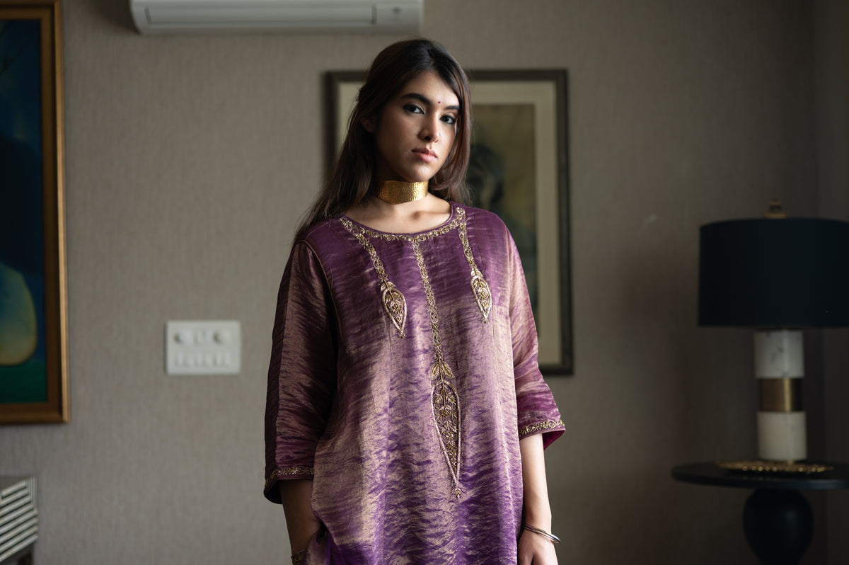 Locket Choga in Purple Pin Stripe with Pant in Purple Silk