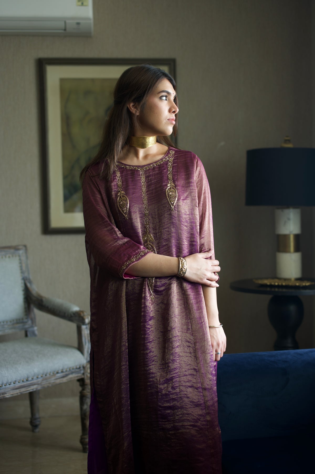 Locket Choga in Purple Pin Stripe with Pant in Purple Silk