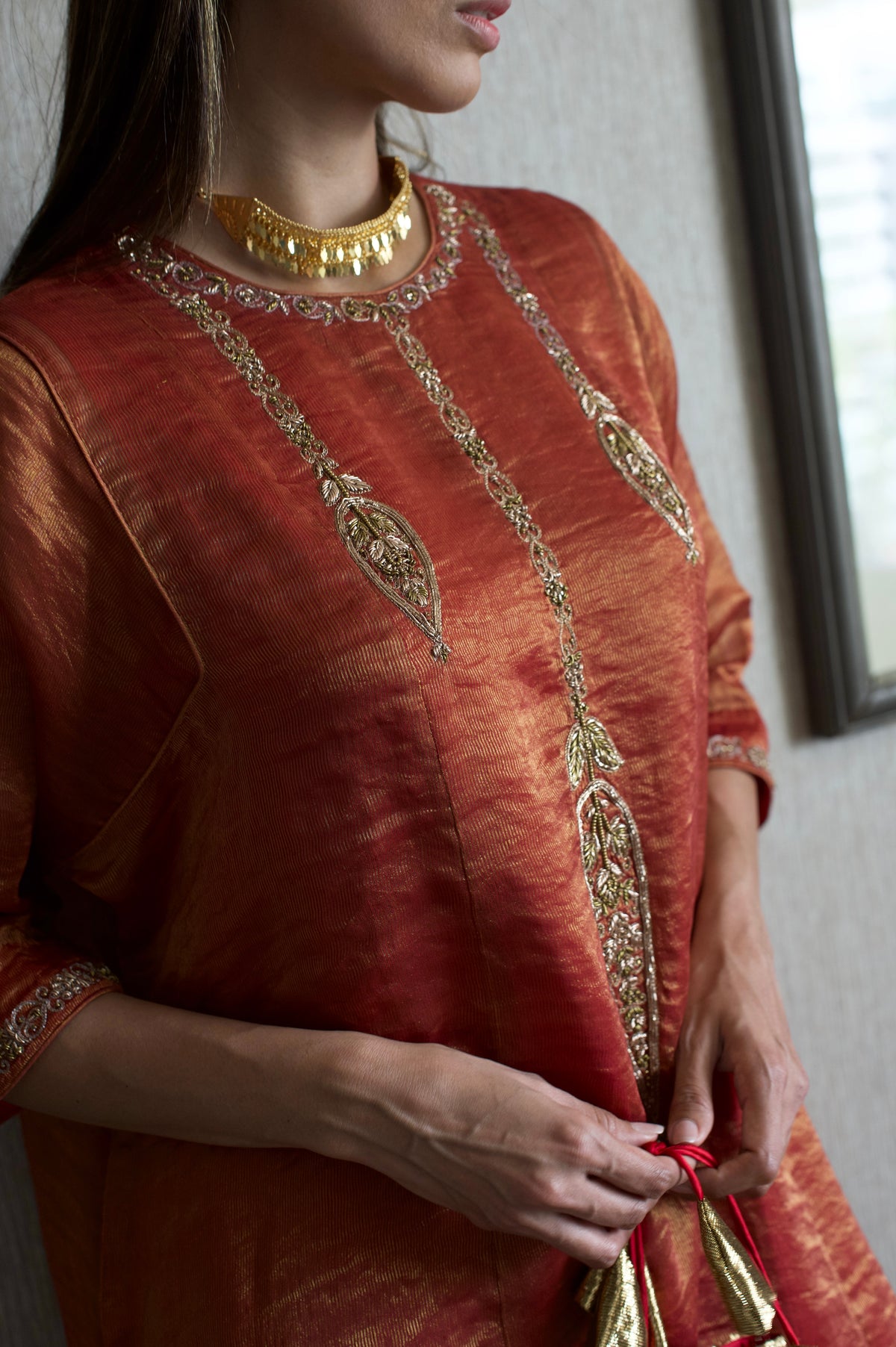 Locket Choga in Red Pin Stripe with Pant in Purple Silk