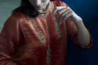 Locket Choga in Red Pin Stripe with Pant in Purple Silk