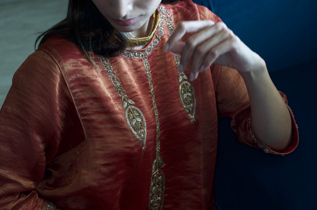 Locket Choga in Red Pin Stripe with Pant in Purple Silk