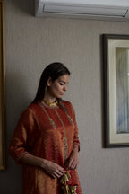Locket Choga in Red Pin Stripe with Pant in Purple Silk