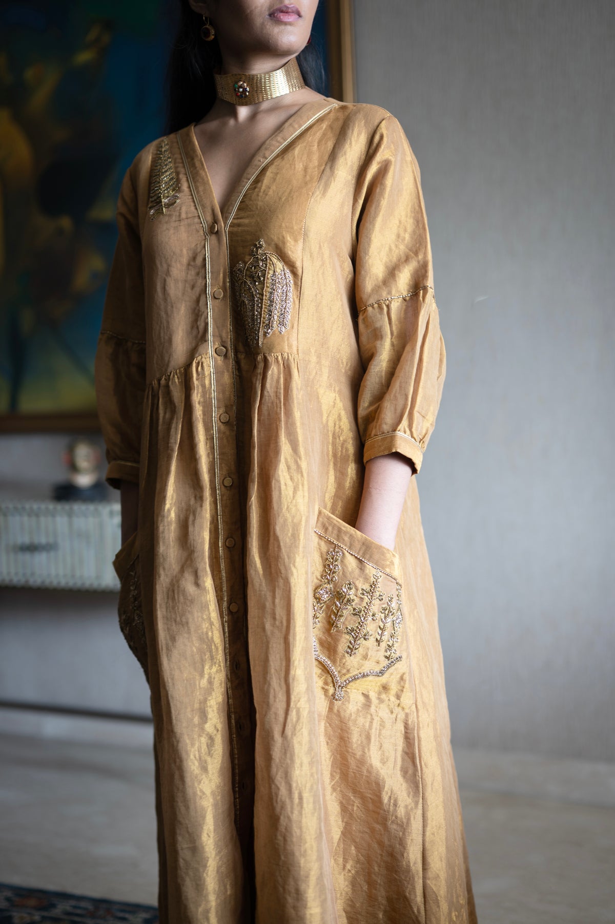 Shama Jacket 2.0 In Antique Gold Handloom Tissue With Gold Silk Pant