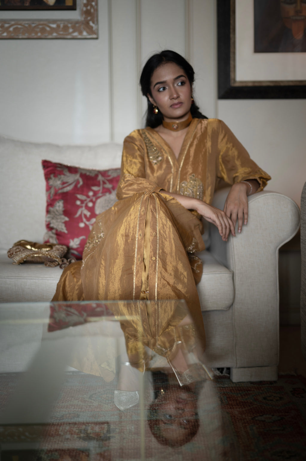 Shama Jacket 2.0 In Antique Gold Handloom Tissue With Gold Silk Pant