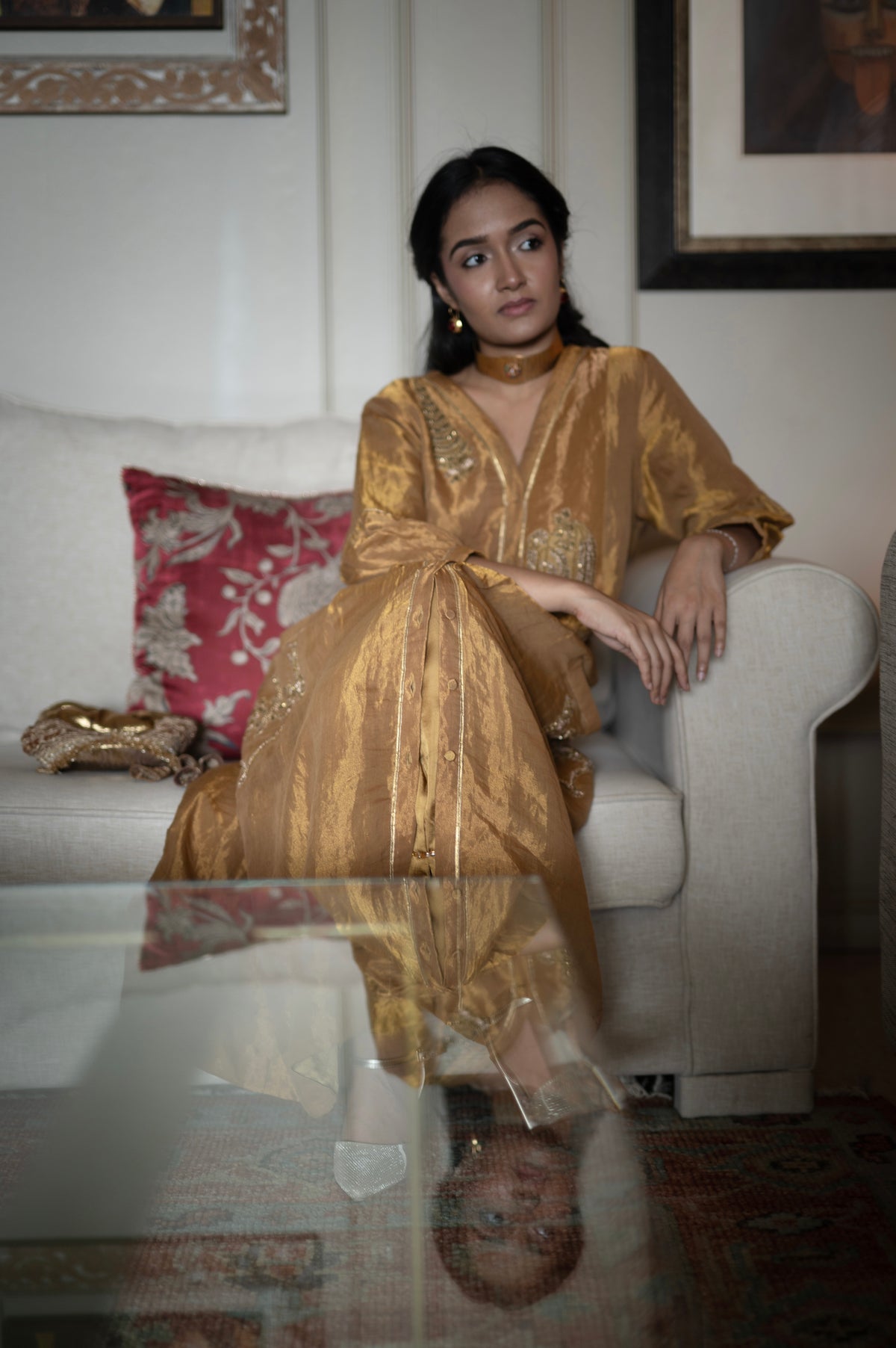 Shama Jacket 2.0 In Antique Gold Handloom Tissue With Gold Silk Pant