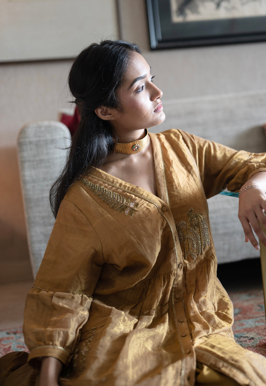 Shama Jacket 2.0 In Antique Gold Handloom Tissue With Gold Silk Pant