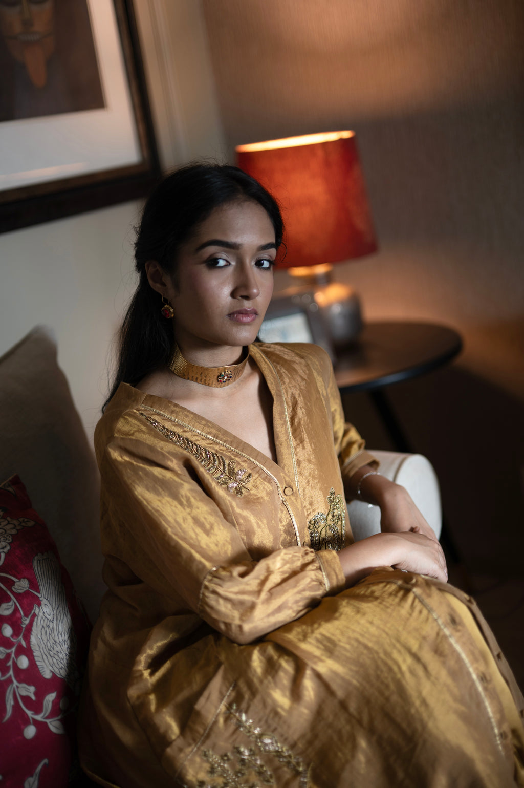 Shama Jacket 2.0 In Antique Gold Handloom Tissue With Gold Silk Pant