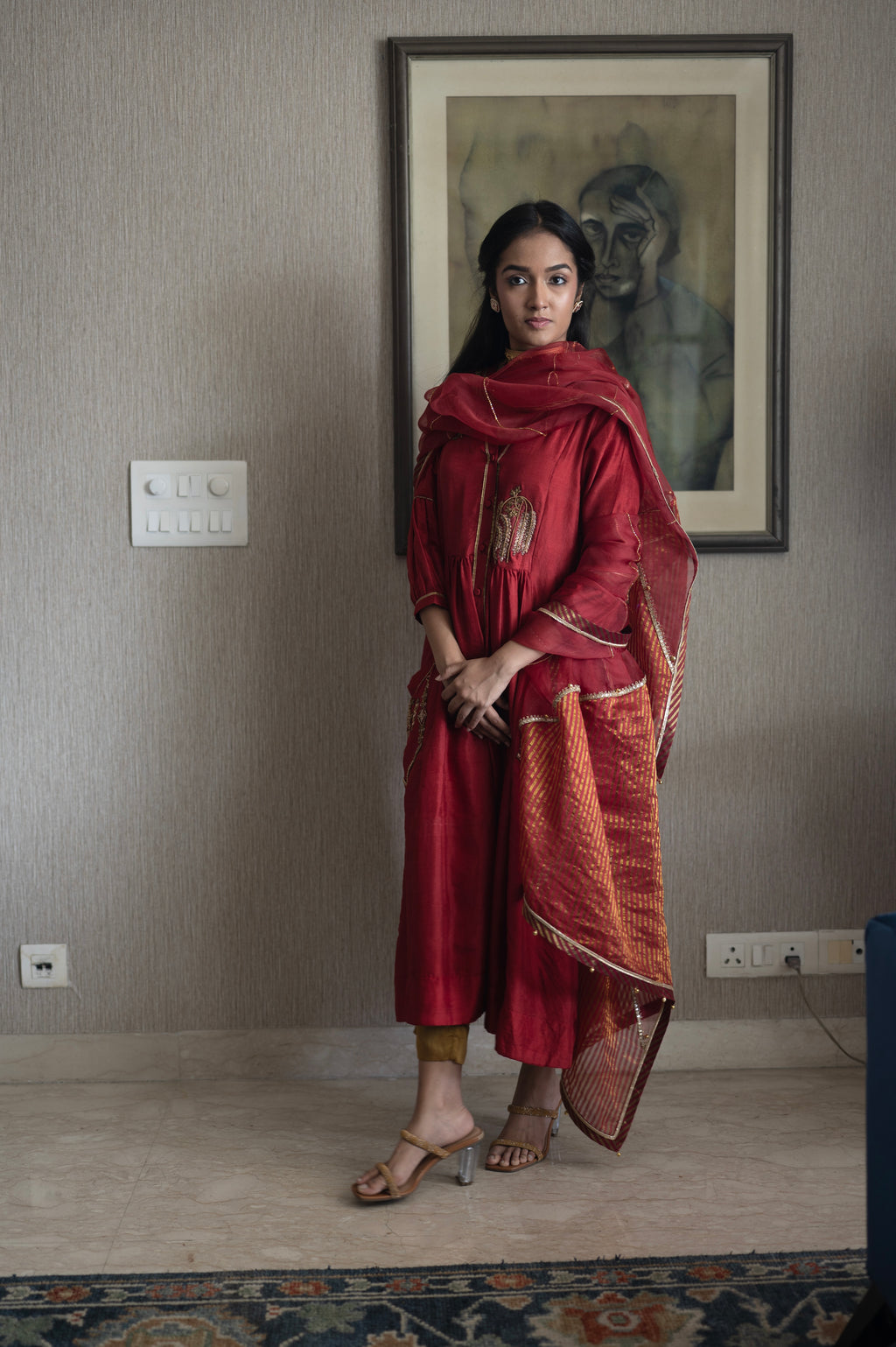 Taj Dupatta in Red Organza and Stripe Tissue
