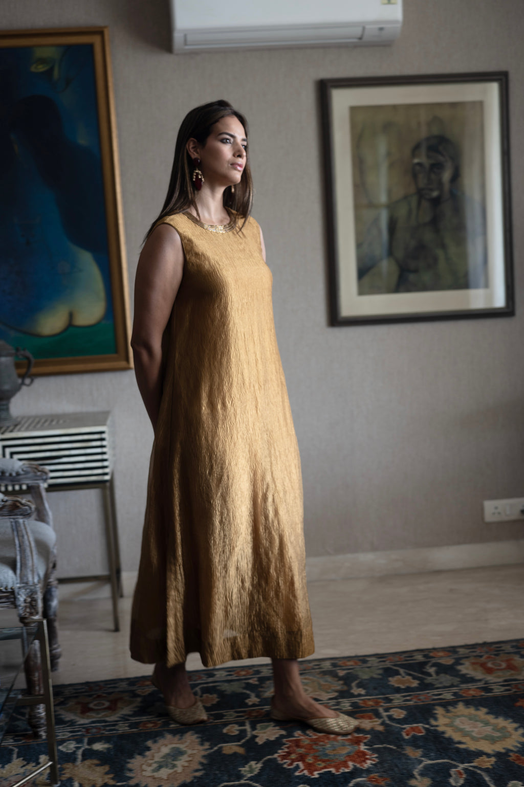Cleo Sleeveless Maxi dress in Gold Crushed Tissue with Anil Jacket in Red Silk