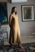 Cleo Sleeveless Maxi dress in Gold Crushed Tissue with Anil Jacket in Red Silk