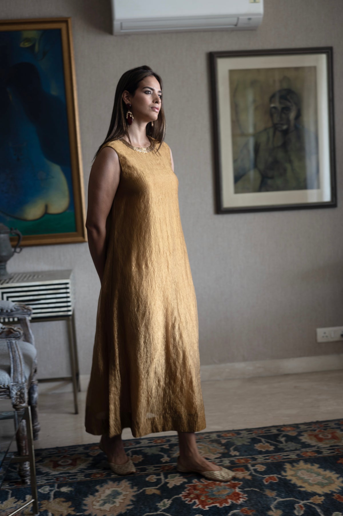Cleo Sleeveless Maxi dress in Gold Crushed Tissue with Anil Jacket in Red Silk