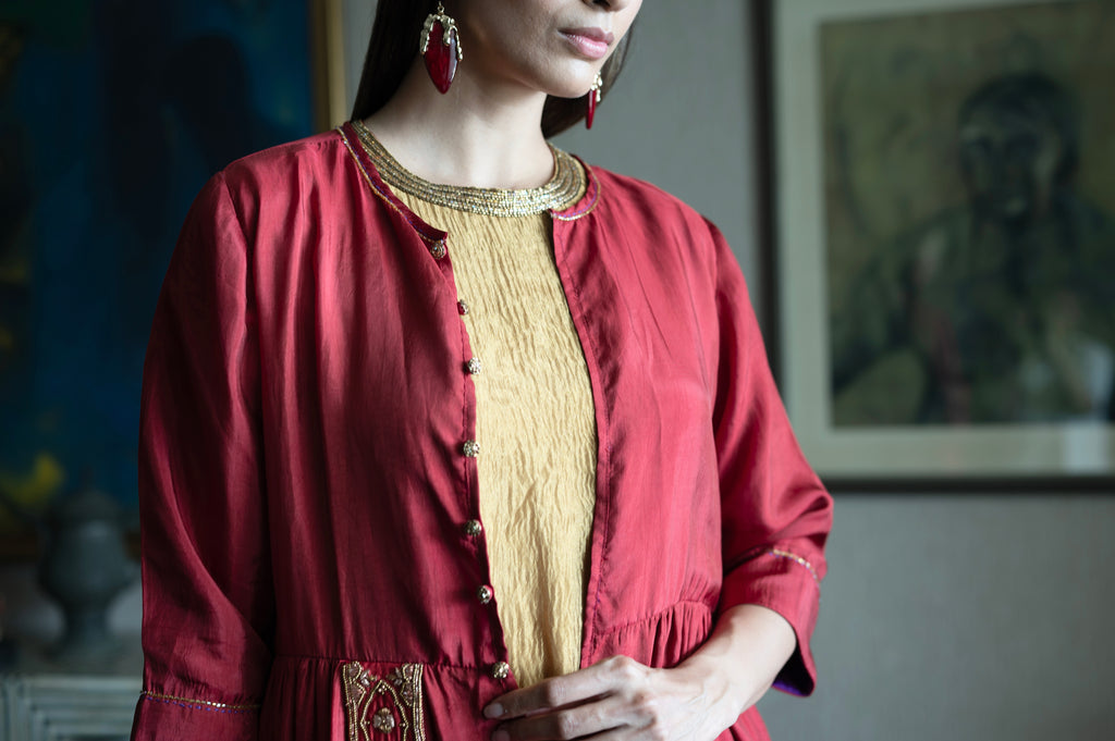 Cleo Sleeveless Maxi dress in Gold Crushed Tissue with Anil Jacket in Red Silk