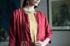 Cleo Sleeveless Maxi dress in Gold Crushed Tissue with Anil Jacket in Red Silk