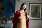 Cleo Sleeveless Maxi dress in Gold Crushed Tissue with Anil Jacket in Red Silk
