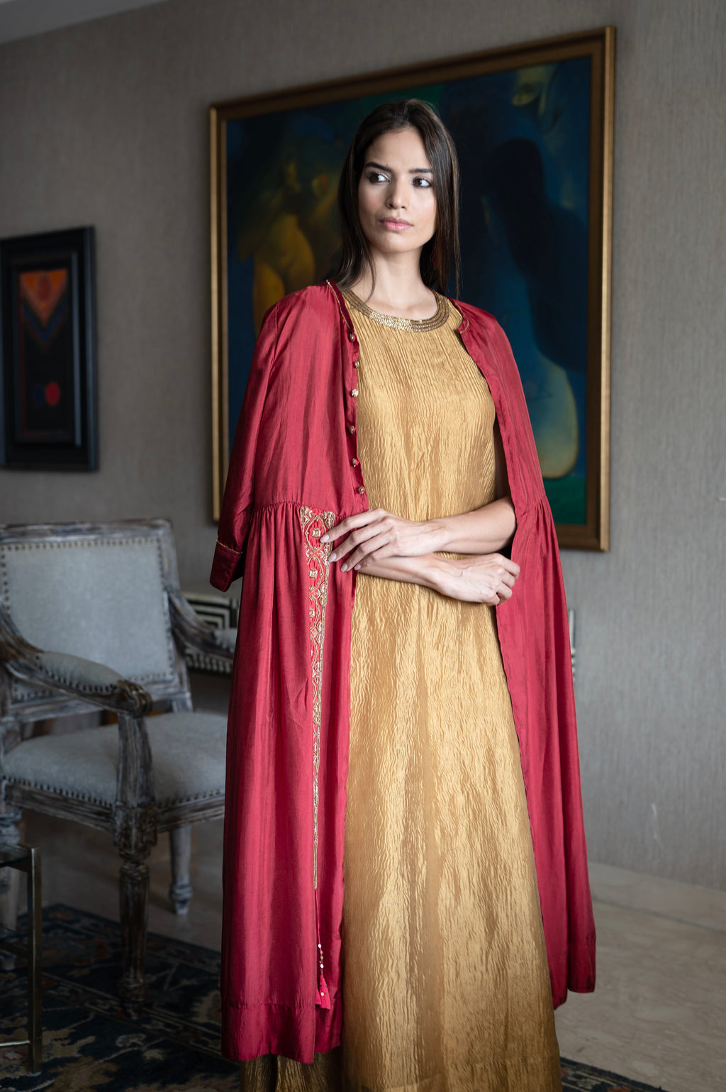 Cleo Sleeveless Maxi dress in Gold Crushed Tissue with Anil Jacket in Red Silk