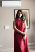 Cleo Sleeveless Maxi dress in Red Silk with Anil Jacket in Purple Silk