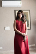 Cleo Sleeveless Maxi dress in Red Silk with Anil Jacket in Purple Silk