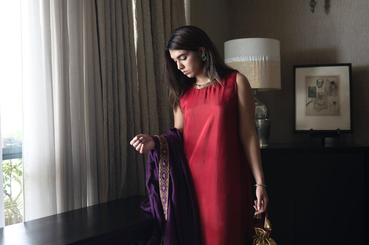 Cleo Sleeveless Maxi dress in Red Silk with Anil Jacket in Purple Silk