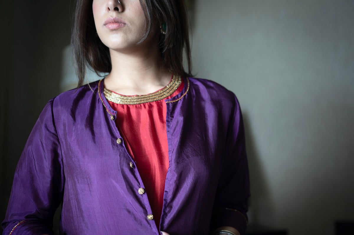 Cleo Sleeveless Maxi dress in Red Silk with Anil Jacket in Purple Silk