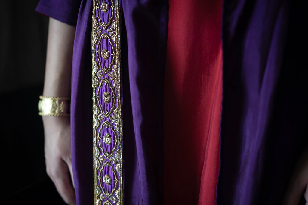 Cleo Sleeveless Maxi dress in Red Silk with Anil Jacket in Purple Silk