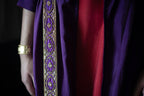 Cleo Sleeveless Maxi dress in Red Silk with Anil Jacket in Purple Silk